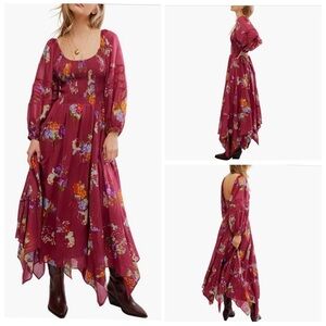 NWT Free People Earth Red Boho Morning Glory Smocked Floral Long Sleeve Maxi